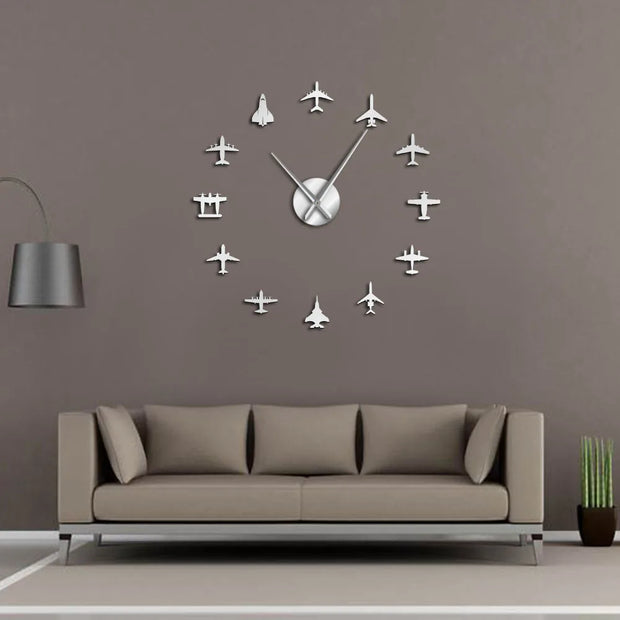 Flying Plane Fighter Jet War Plane Large Wall Clock DIY 3D Acrylic Mirror Effect Sticker Airplane Silent Watch Aviator Home Decor