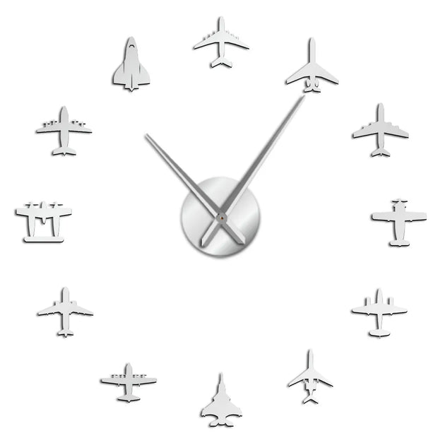 Flying Plane Fighter Jet War Plane Large Wall Clock DIY 3D Acrylic Mirror Effect Sticker Airplane Silent Watch Aviator Home Decor