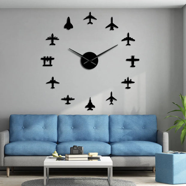 Flying Plane Fighter Jet War Plane Large Wall Clock DIY 3D Acrylic Mirror Effect Sticker Airplane Silent Watch Aviator Home Decor