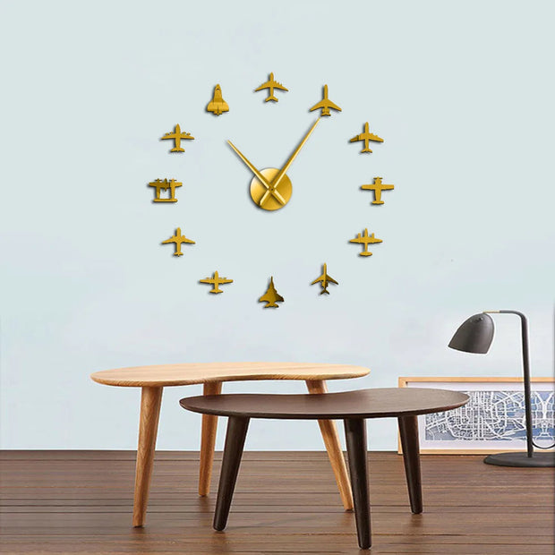 Flying Plane Fighter Jet War Plane Large Wall Clock DIY 3D Acrylic Mirror Effect Sticker Airplane Silent Watch Aviator Home Decor