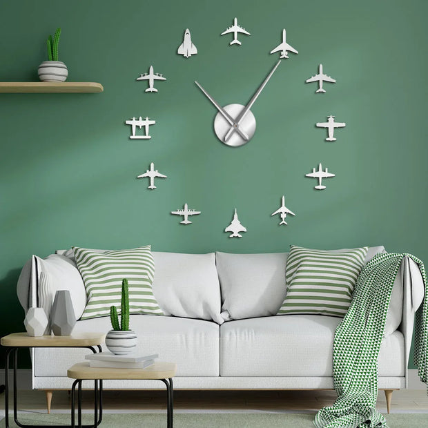 Flying Plane Fighter Jet War Plane Large Wall Clock DIY 3D Acrylic Mirror Effect Sticker Airplane Silent Watch Aviator Home Decor