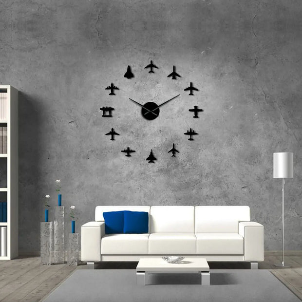 Flying Plane Fighter Jet War Plane Large Wall Clock DIY 3D Acrylic Mirror Effect Sticker Airplane Silent Watch Aviator Home Decor