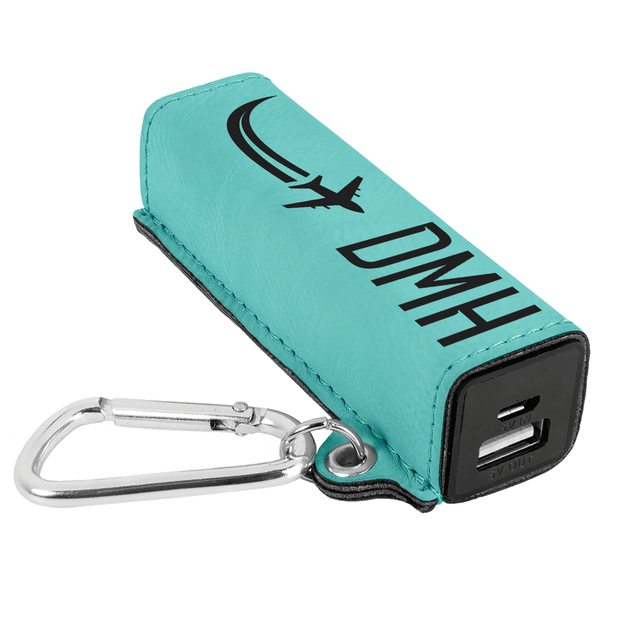 Initials with Plane Customizable Leatherette 2200 mAh Power Bank with USB Cable